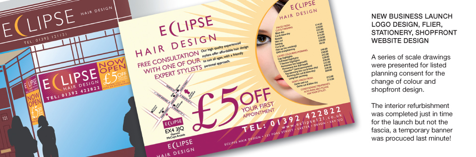 Eclipse Hair Design Launch Logo Design, Flier, Stationary, Shopfront and Website design by Tobias Borthen